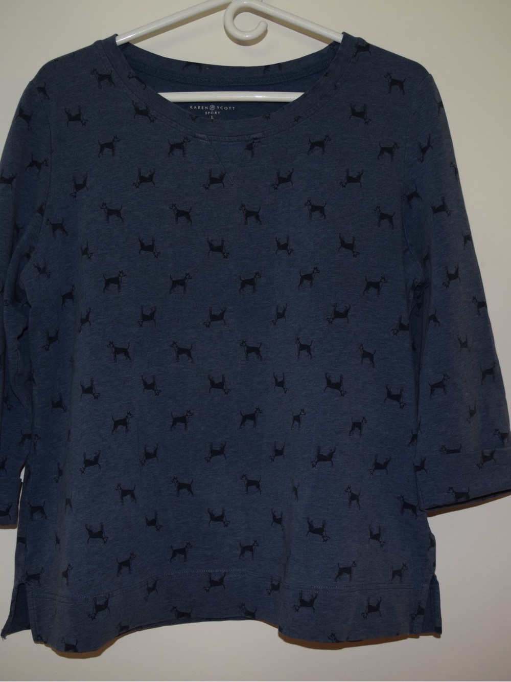 Karen Scott Sport Blue Dog Print 3/4 Sleeve Pullover Top Size L